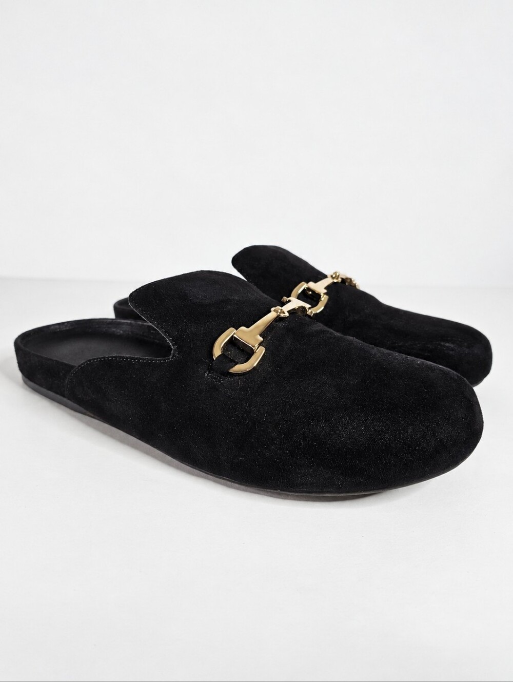 Alfani Tinslee Black Velvet Horsebit Loafer Mules Size 9 Slip On Flats Gold Trim - Picture 3 of 16